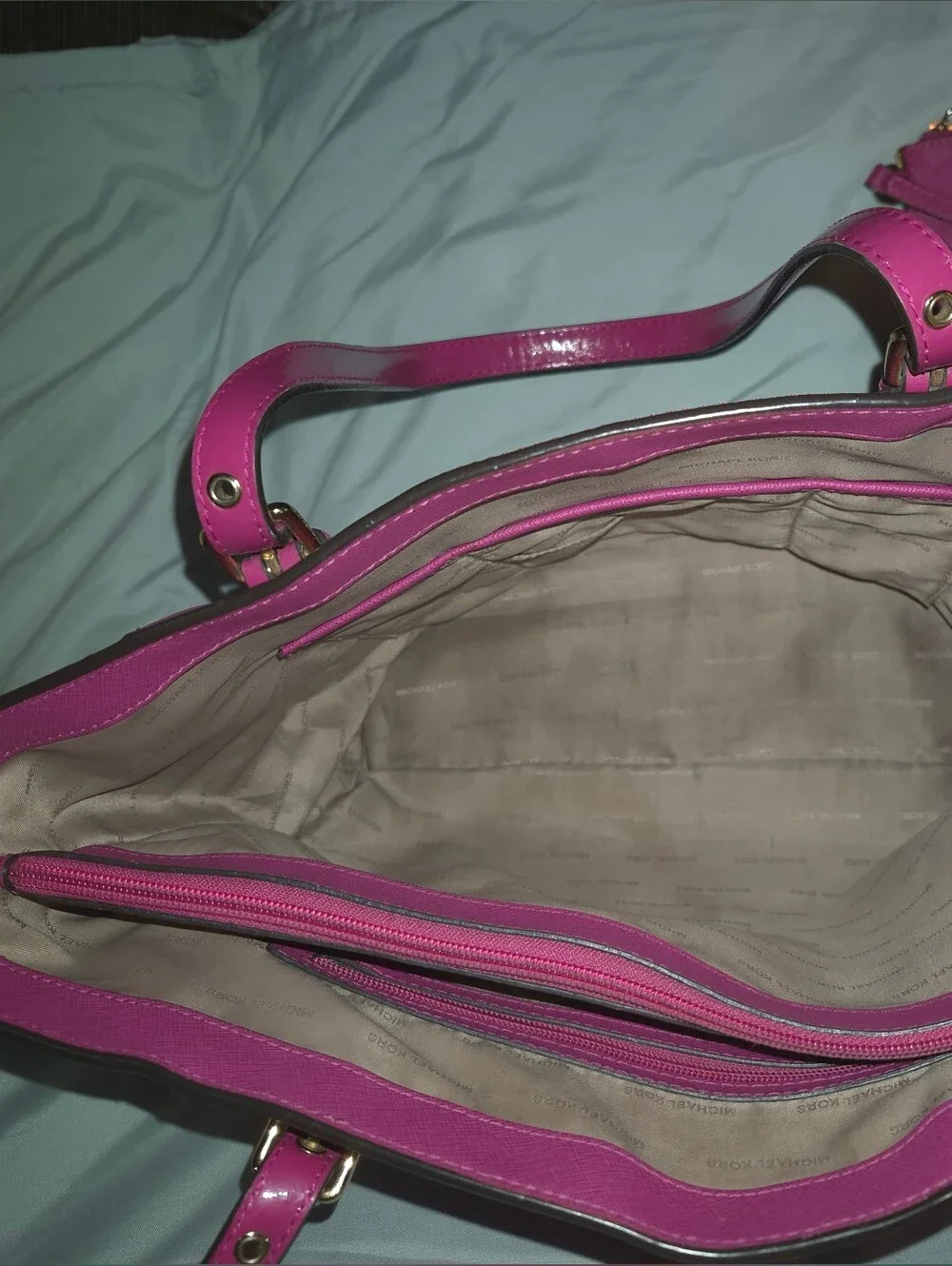 Michael Kors Hot Pink Metallic Jet Set Tote w/ Matching Accessories
